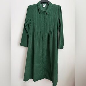 100% Cotton Green Corduroy Long Sleeves Button Front Pleated Tiebacks Dress L